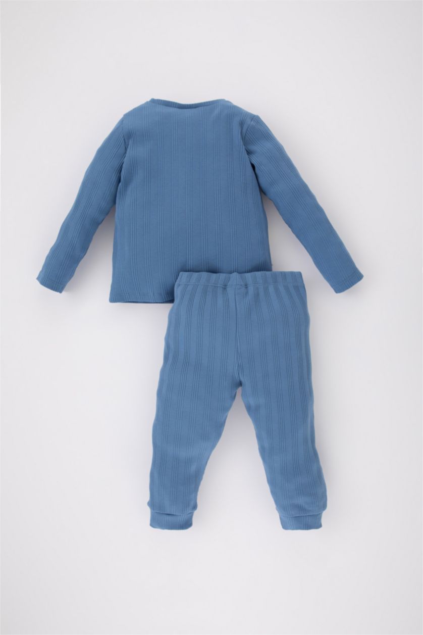 Erkek Bebek Mavi Erkek Bebek Dinazor Baskılı Uzun Kollu Fitilli Kaşkorse Pijama Takımı