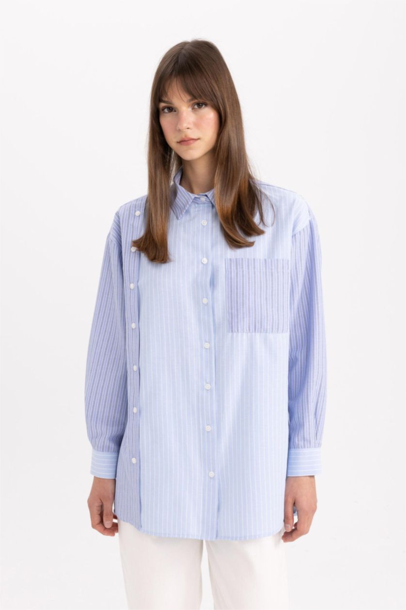WOMAN Blue Relax Fit Striped Poplin Shirt Tunic