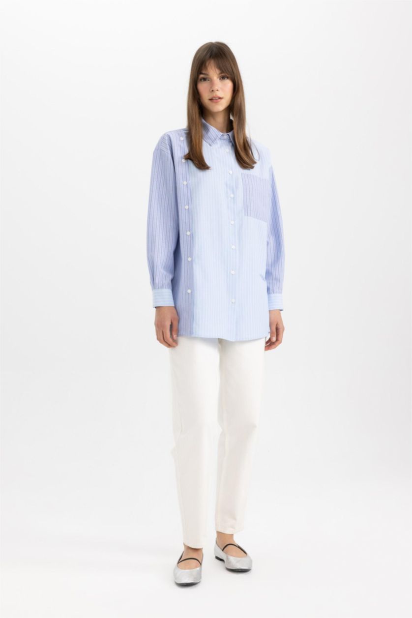 WOMAN Blue Relax Fit Striped Poplin Shirt Tunic