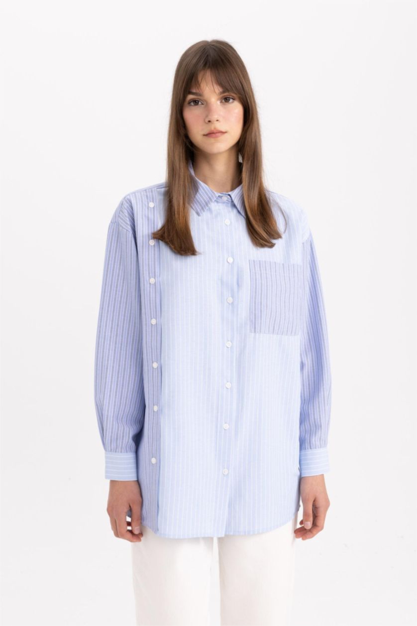 WOMAN Blue Relax Fit Striped Poplin Shirt Tunic