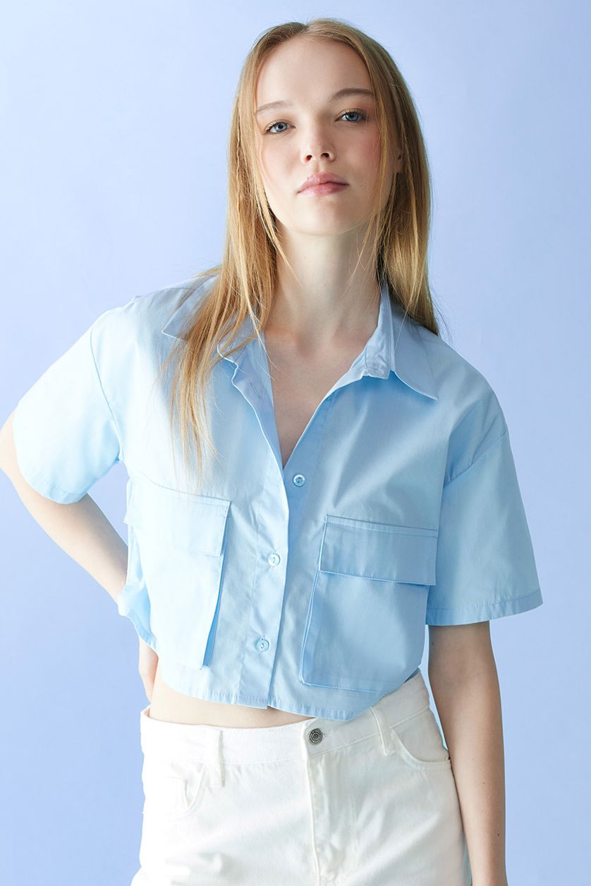 Kadın Açık Mavi Coool Oversize Geniş Kalıp Cep Detaylı Crop Kısa Kollu Gömlek
