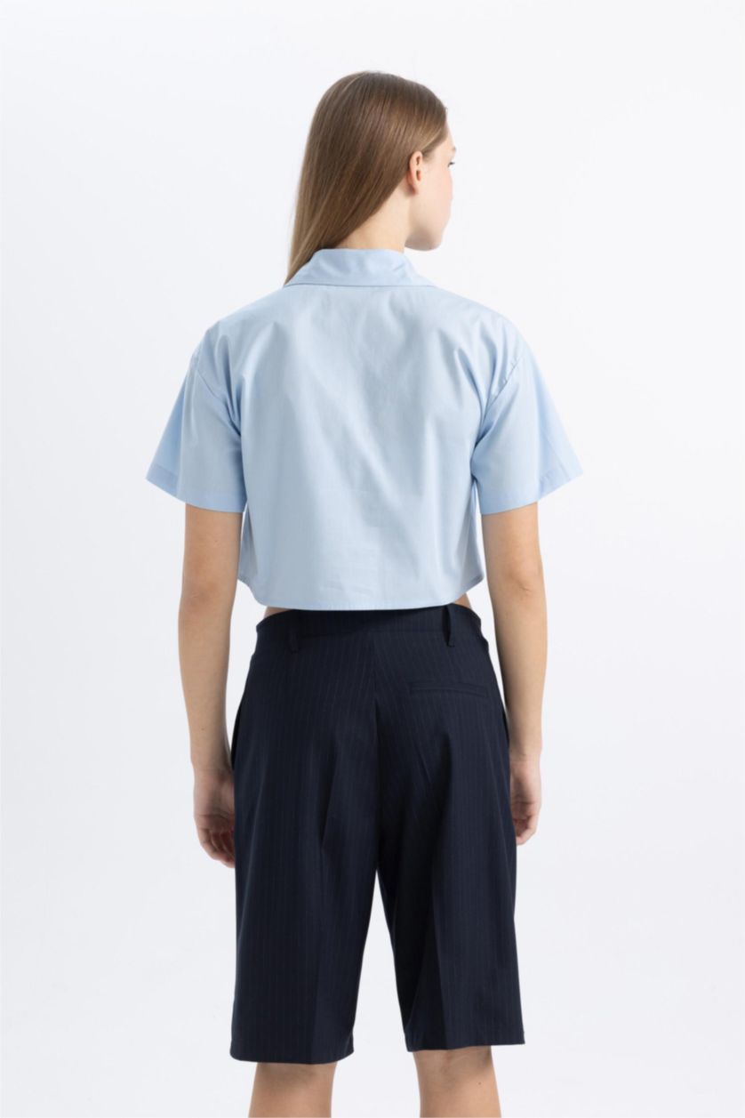 Kadın Açık Mavi Coool Oversize Geniş Kalıp Cep Detaylı Crop Kısa Kollu Gömlek