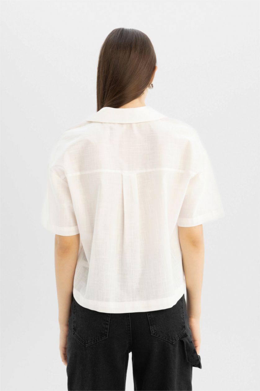 Woman White Oversize Fit Pyjamas Collar Short Sleeve Shirt