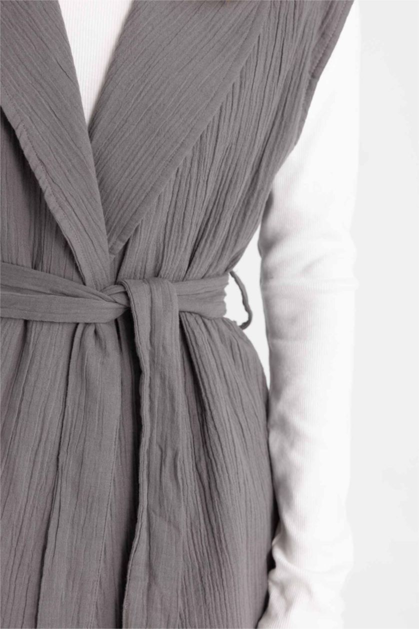 Kadın Koyu Gri Kruvaze Yaka Kemerli Hafif Uzun Müslin Yelek