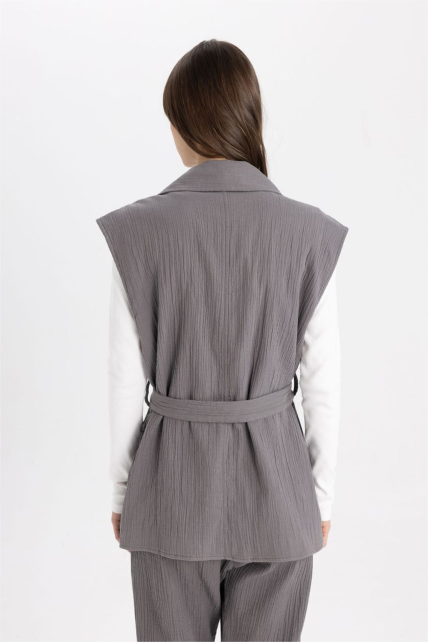 Kadın Koyu Gri Kruvaze Yaka Kemerli Hafif Uzun Müslin Yelek
