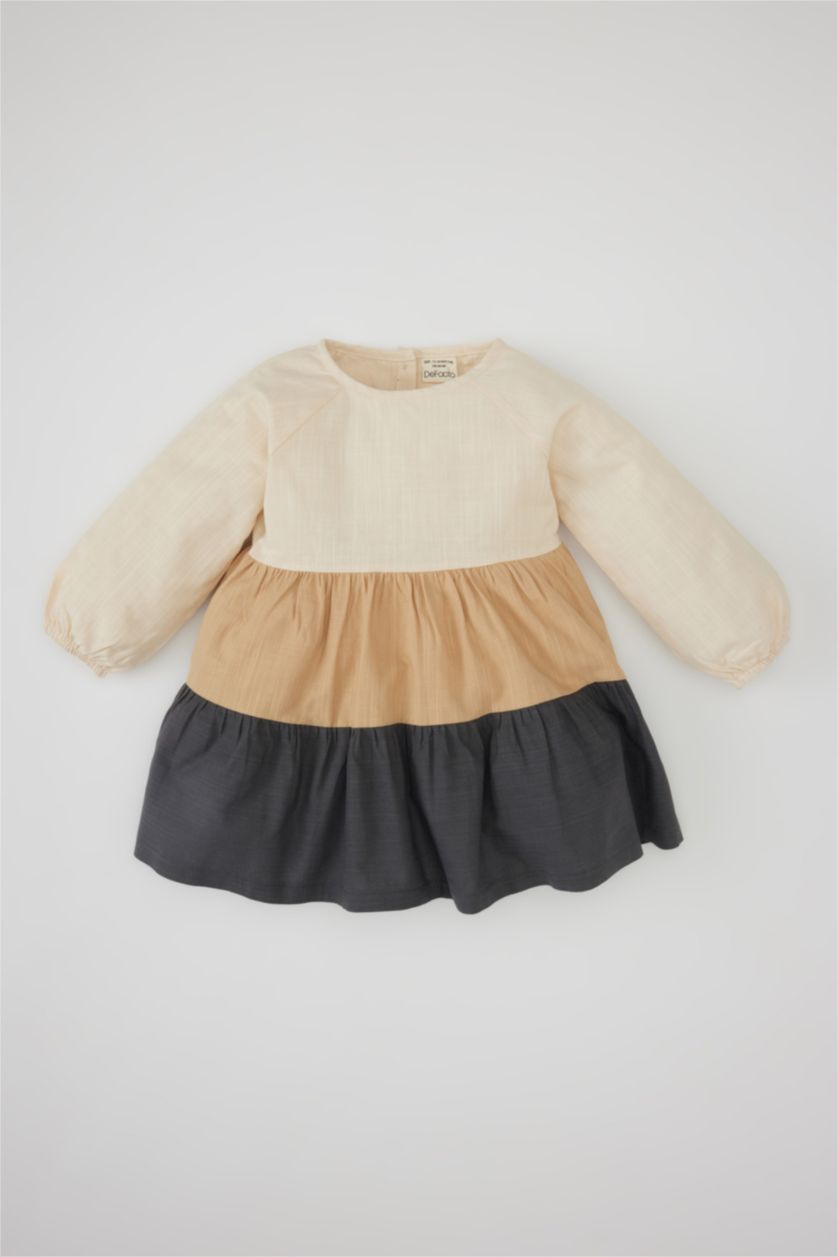 Kız Bebek Açık Vizon Renk Bloklu Uzun Kollu Keten Görünümlü Elbise Kız Bebek