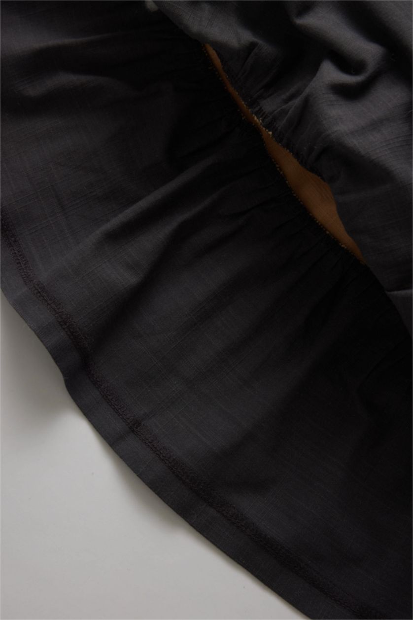 Kız Bebek Açık Vizon Renk Bloklu Uzun Kollu Keten Görünümlü Elbise Kız Bebek