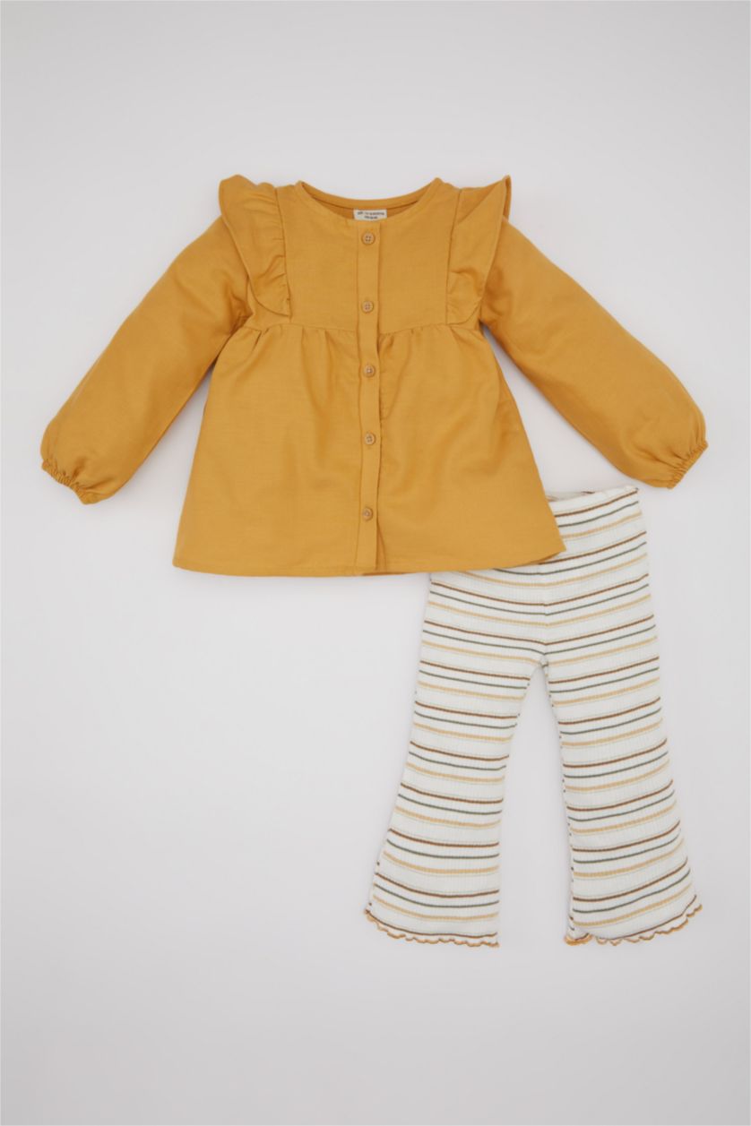 Kız Bebek Sarı Kız Bebek 2'li Takım Düğmeli Uzun Kollu Gömlek Çizgili Twill Tayt