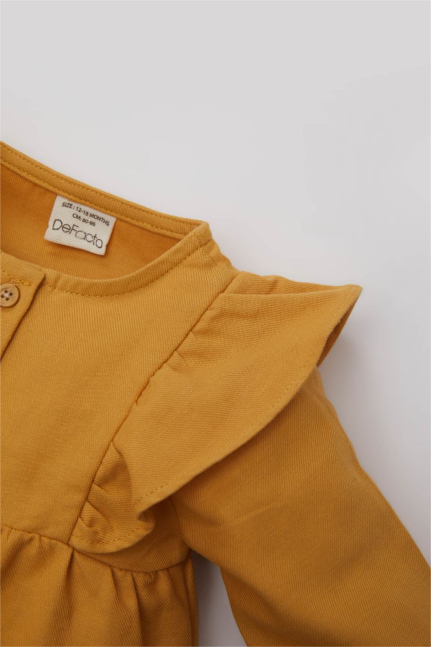 Kız Bebek Sarı Kız Bebek 2'li Takım Düğmeli Uzun Kollu Gömlek Çizgili Twill Tayt