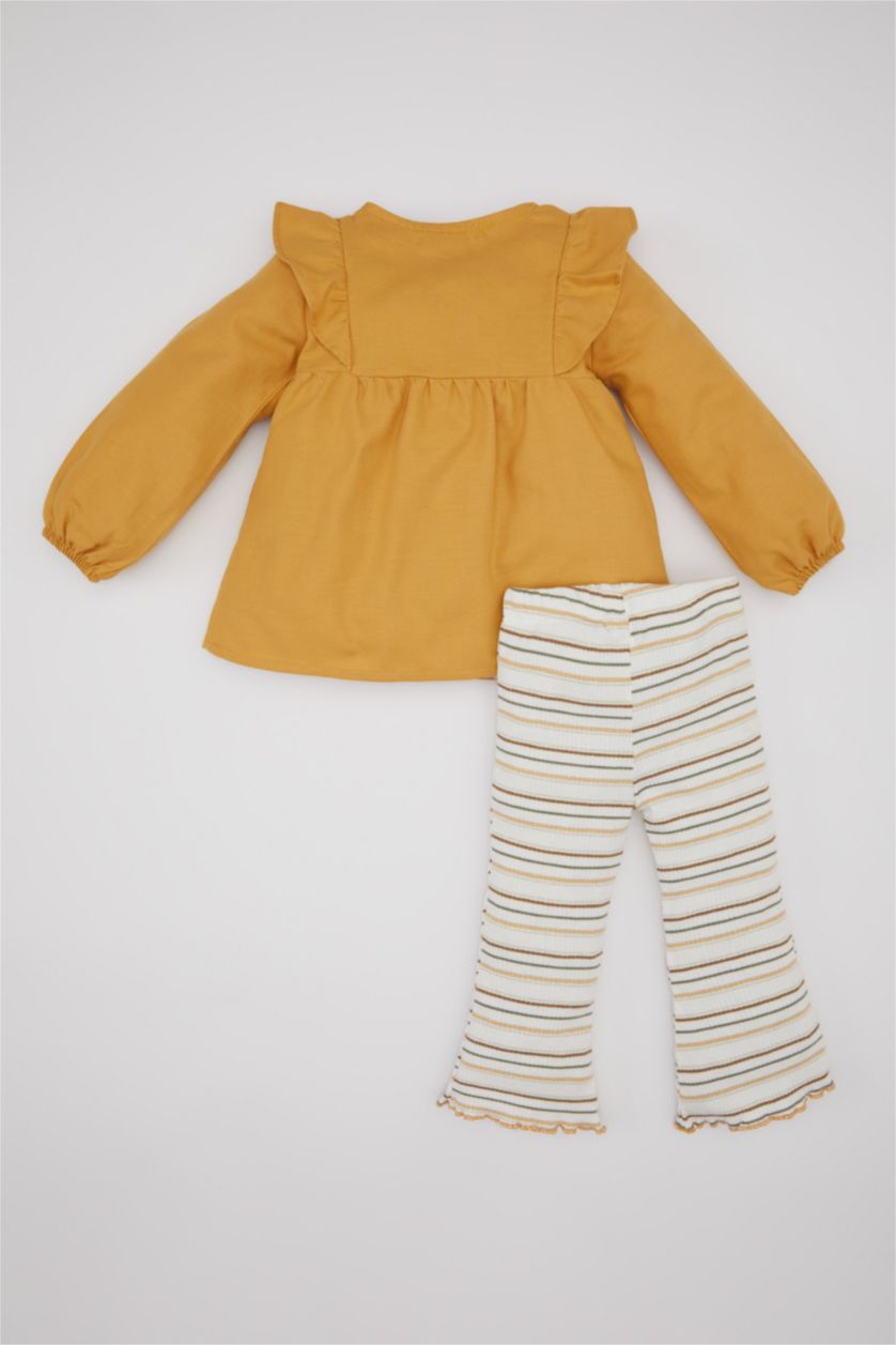 Kız Bebek Sarı Kız Bebek 2'li Takım Düğmeli Uzun Kollu Gömlek Çizgili Twill Tayt