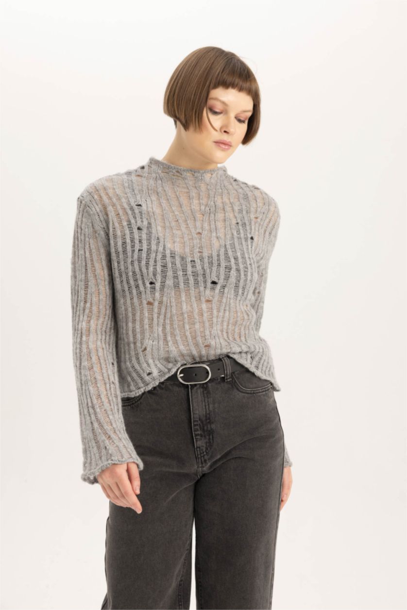 Kadın Gri Relax Fıt Yarım Balıkçı Yaka Dantelli Kazak