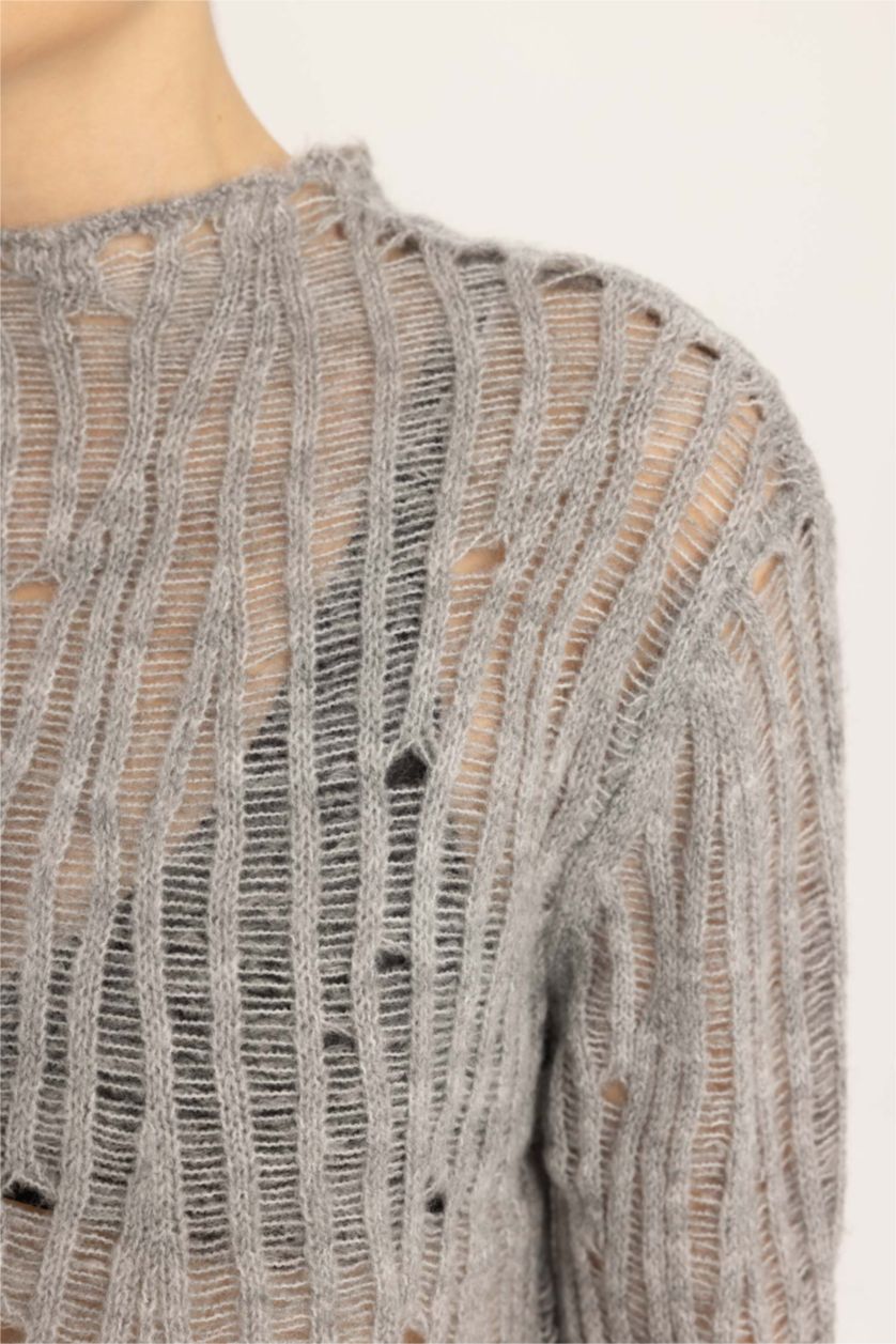 Kadın Gri Relax Fıt Yarım Balıkçı Yaka Dantelli Kazak