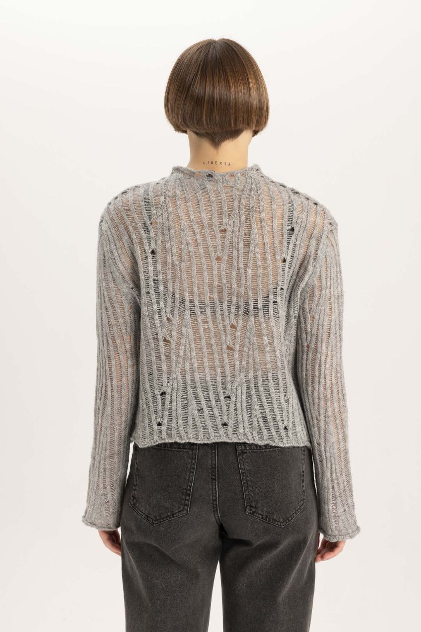 Kadın Gri Relax Fıt Yarım Balıkçı Yaka Dantelli Kazak