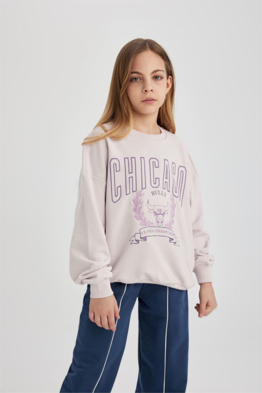 Kız Çocuk - Genç Kız Açık Pembe NBA Chicago Bulls Oversize Geniş Kalıp Bisiklet Yaka Sweatshirt Kız Çocuk