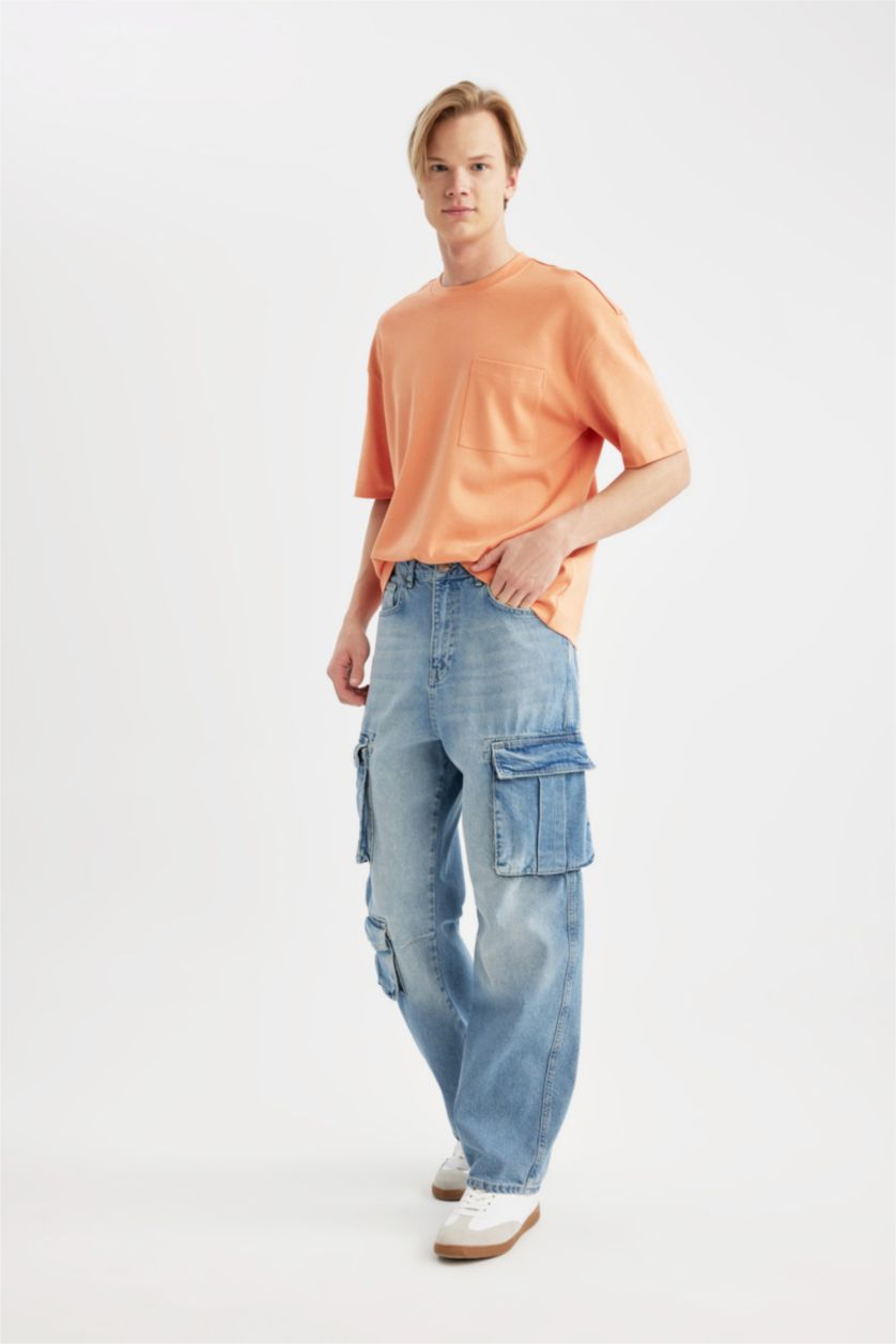 HOMME BLEU Clair Pantalon Cargo Baggy à Poches