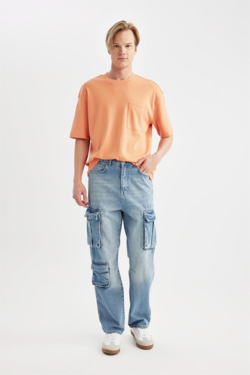 HOMME BLEU Clair Pantalon Cargo Baggy à Poches