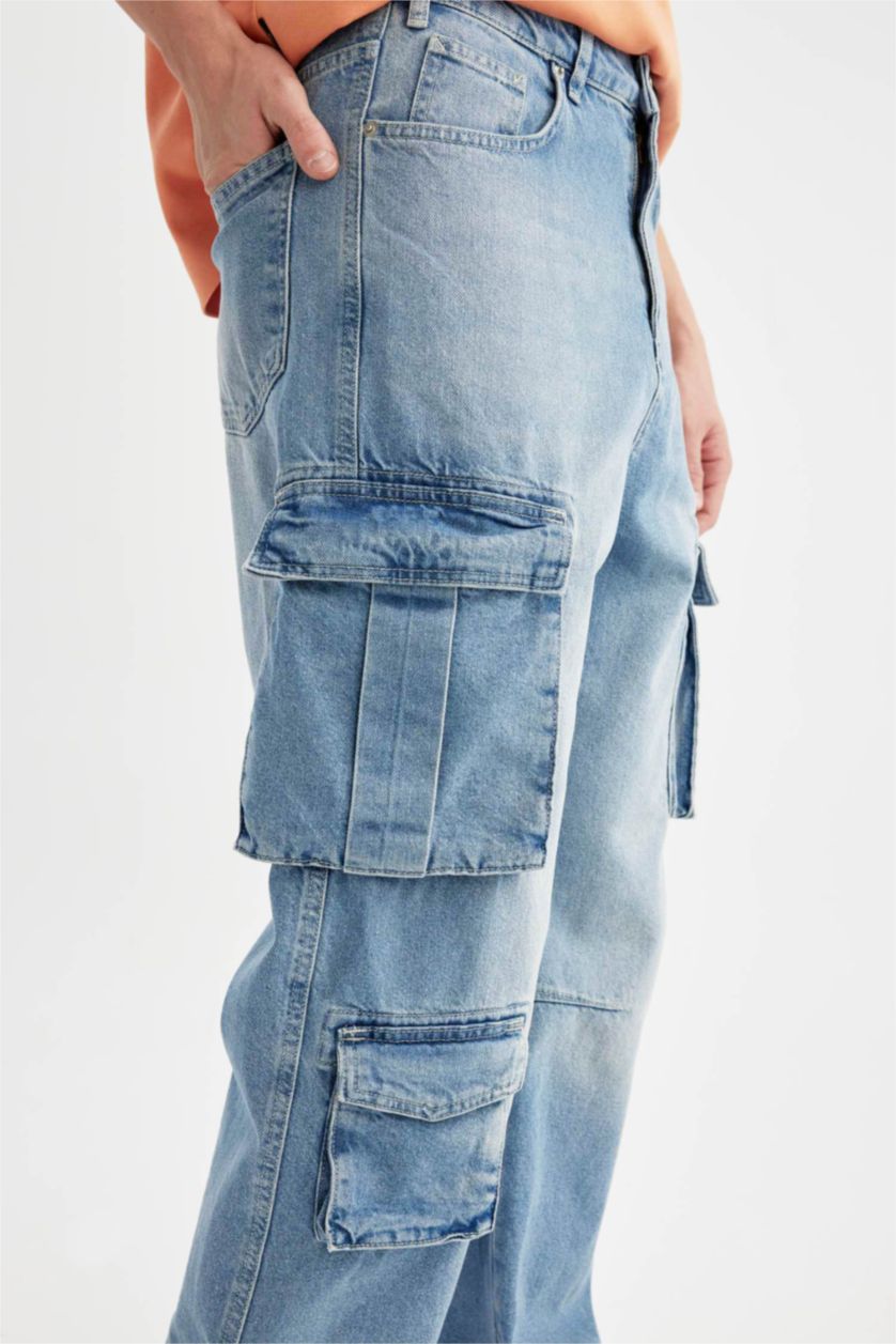 HOMME BLEU Clair Pantalon Cargo Baggy à Poches