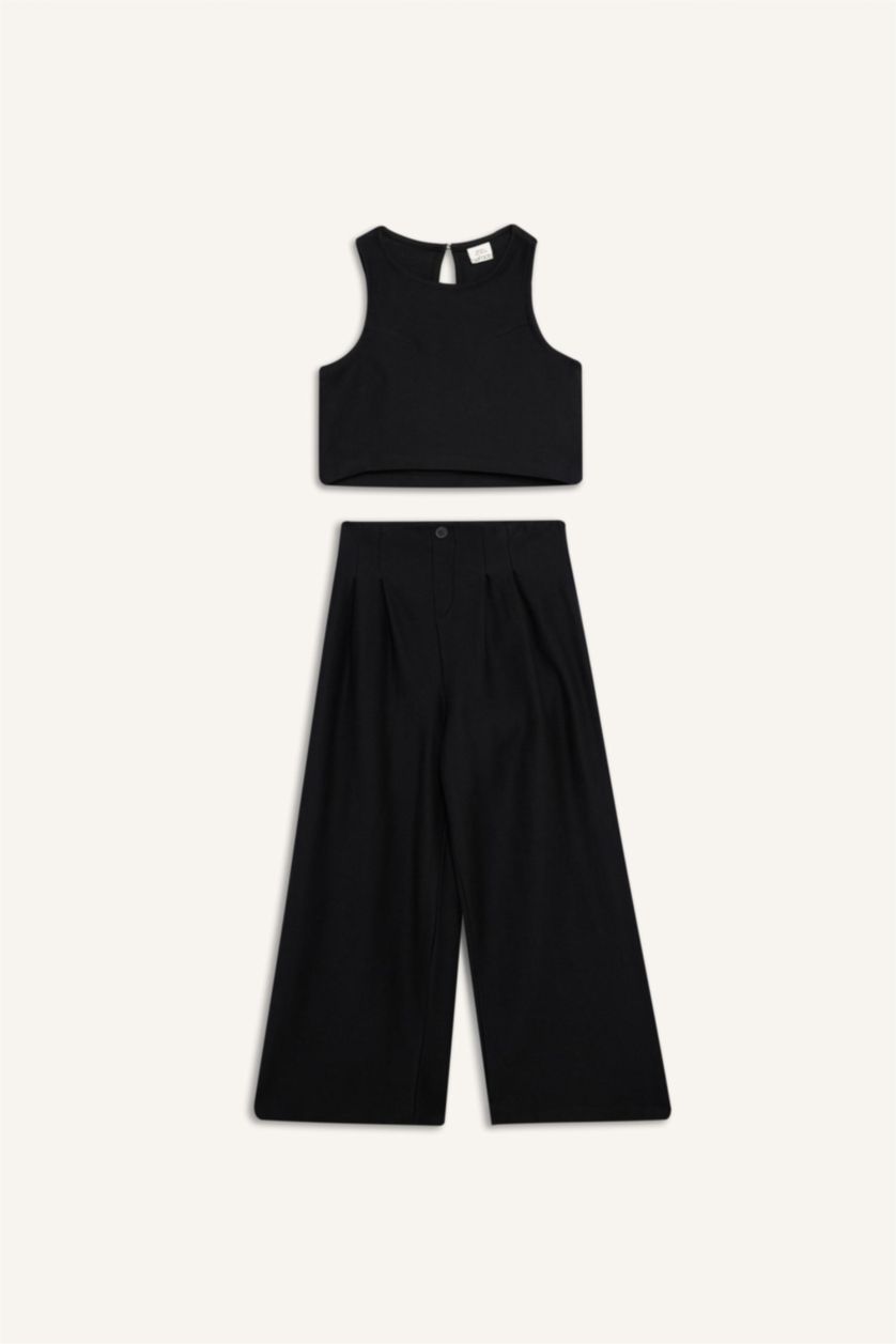 Kız Çocuk - Genç Kız Siyah 2'li Takım Basic Düz Kolsuz Tişört Pantolon Kız Çocuk