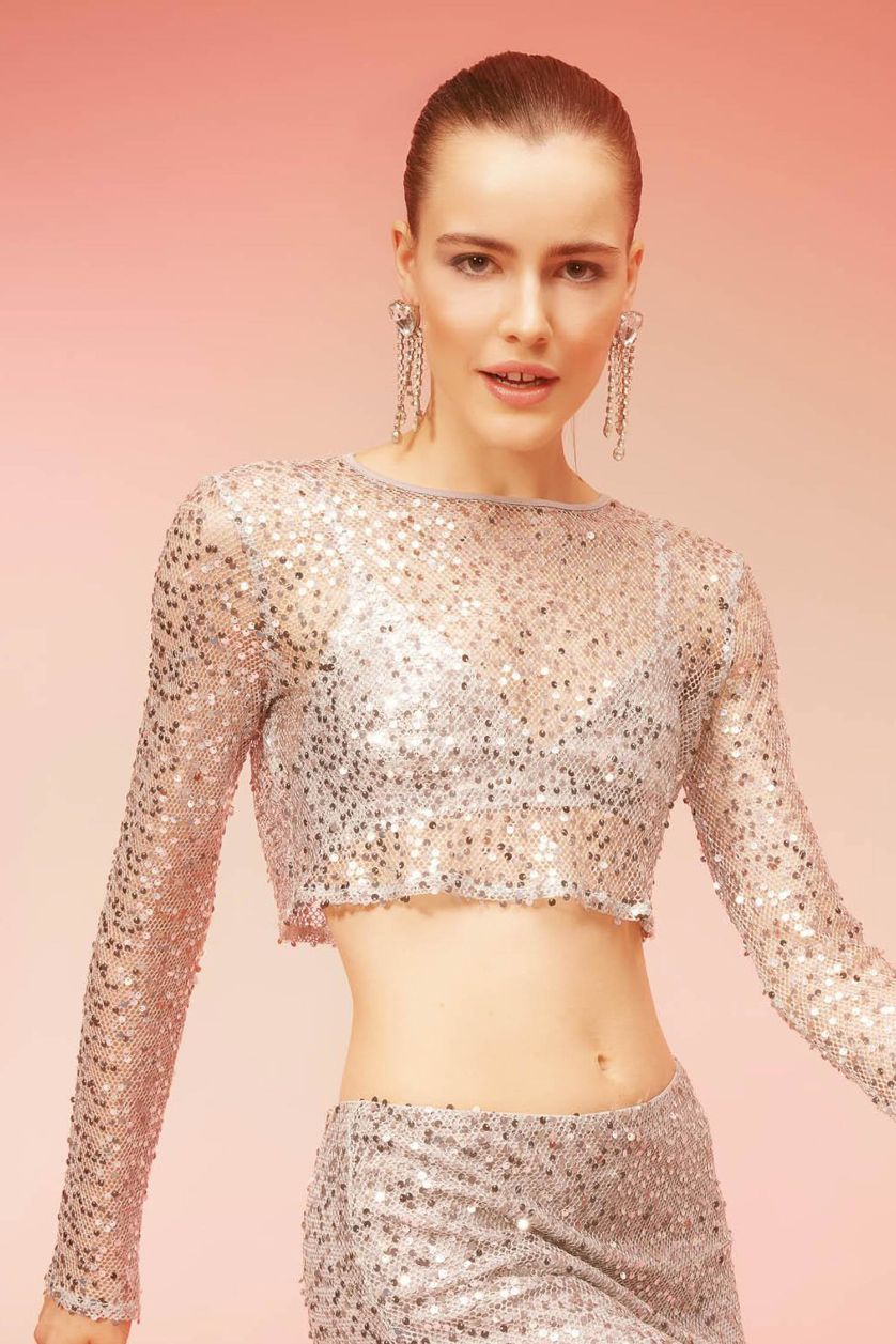 Kadın REFLECTOR GREY Regular Fit Bisiklet Yaka Payetli Kumaş Uzun Kollu Tişört