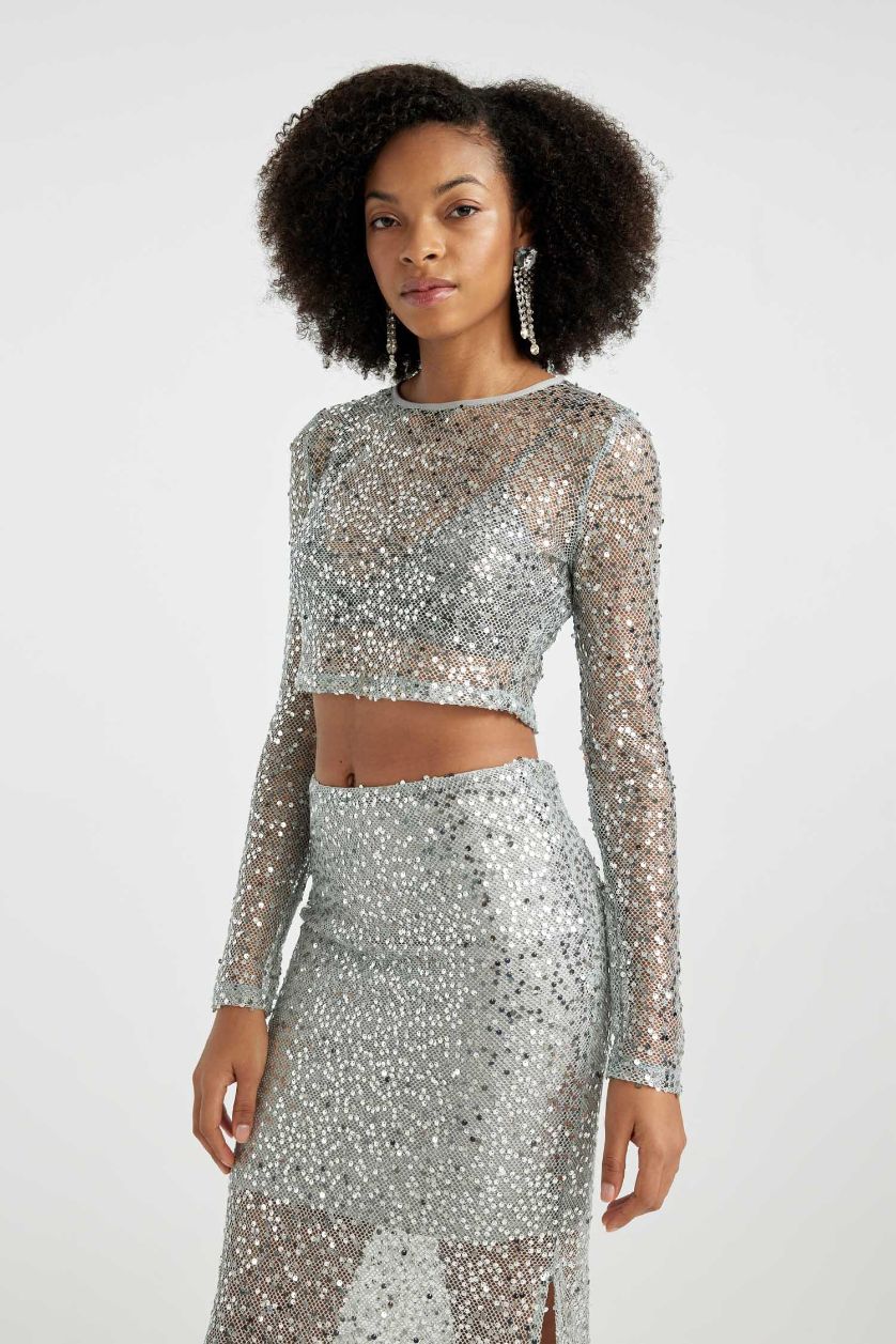 Kadın REFLECTOR GREY Regular Fit Bisiklet Yaka Payetli Kumaş Uzun Kollu Tişört