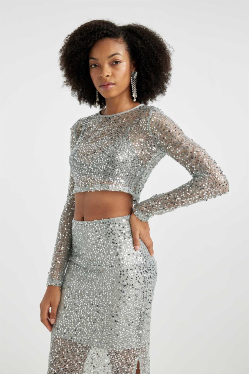 Kadın REFLECTOR GREY Regular Fit Bisiklet Yaka Payetli Kumaş Uzun Kollu Tişört