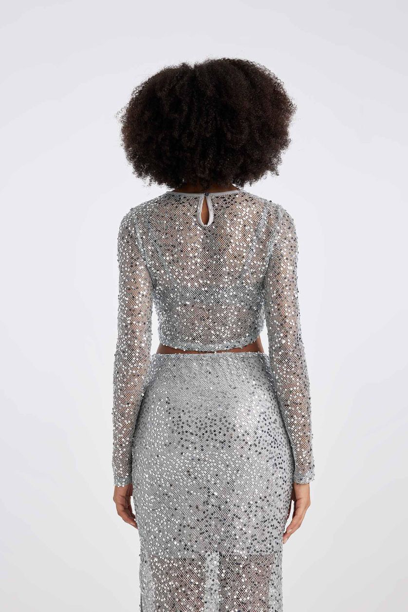 Kadın REFLECTOR GREY Regular Fit Bisiklet Yaka Payetli Kumaş Uzun Kollu Tişört