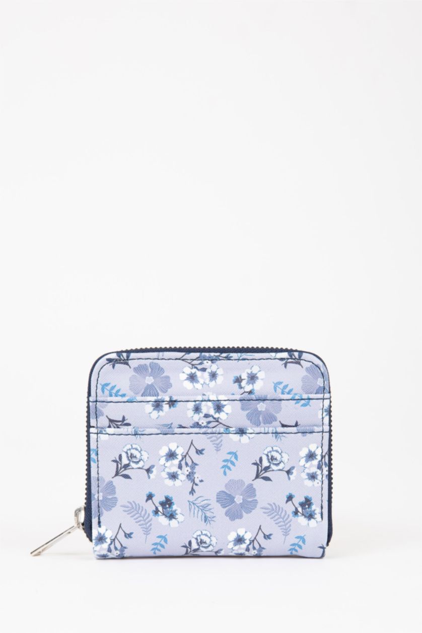 Kadın Mavi Kadın Çiçek Desenli Suni Deri Cüzdan