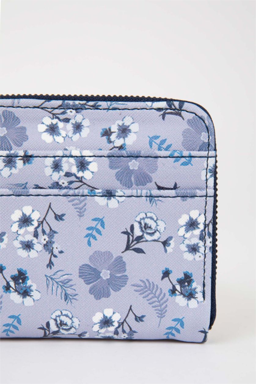 Kadın Mavi Kadın Çiçek Desenli Suni Deri Cüzdan