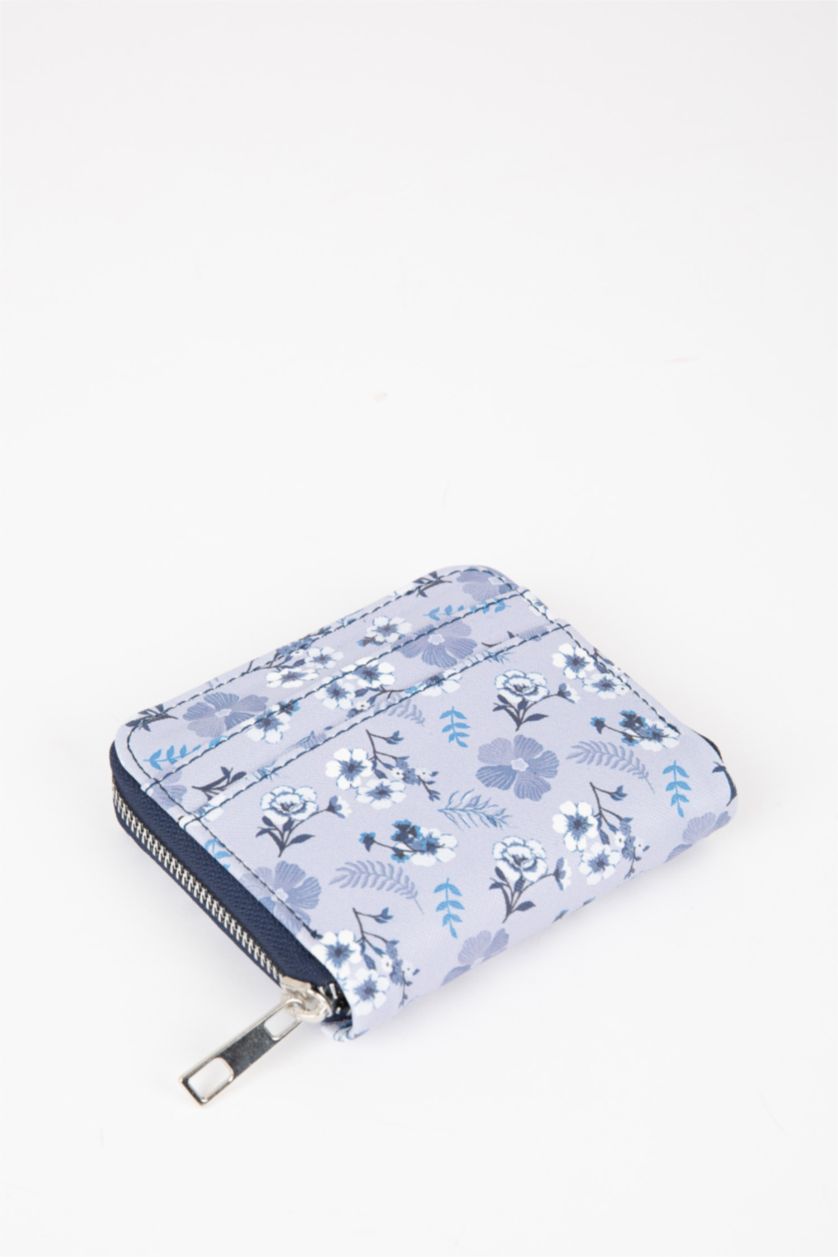 Kadın Mavi Kadın Çiçek Desenli Suni Deri Cüzdan