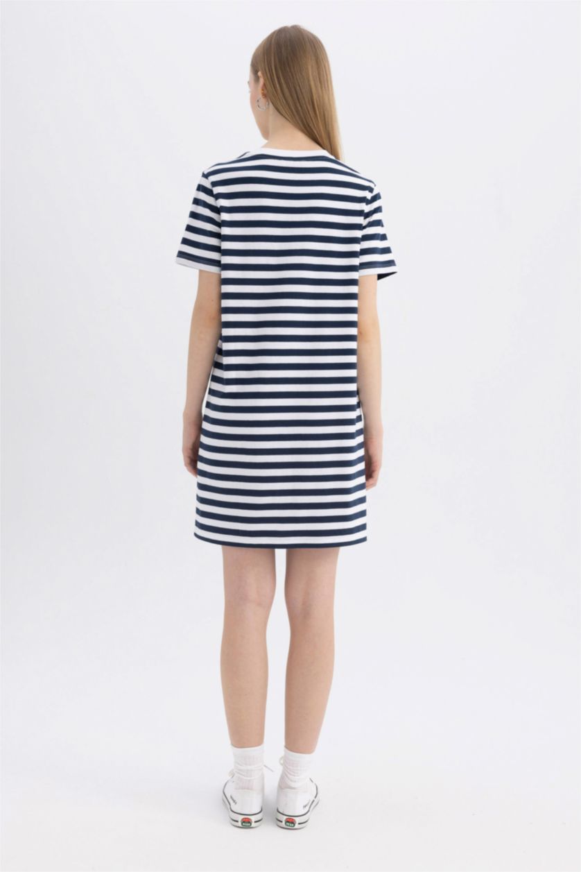 نساء كحلي فستان قصير ممشط نص كم بياقة مستديرة