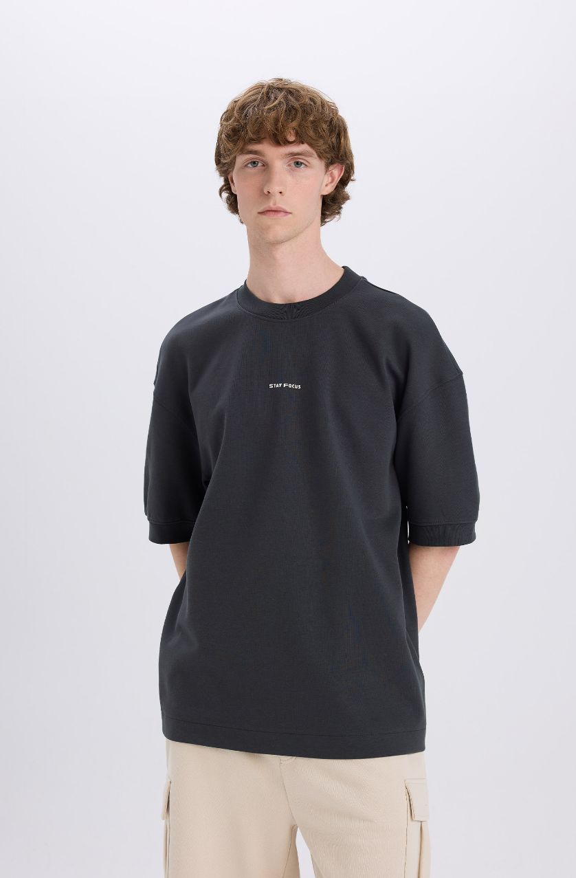 Erkek Antrasit Loose Fit Bisiklet Yaka Baskılı Kısa Kollu Ağır Kumaş Tişört