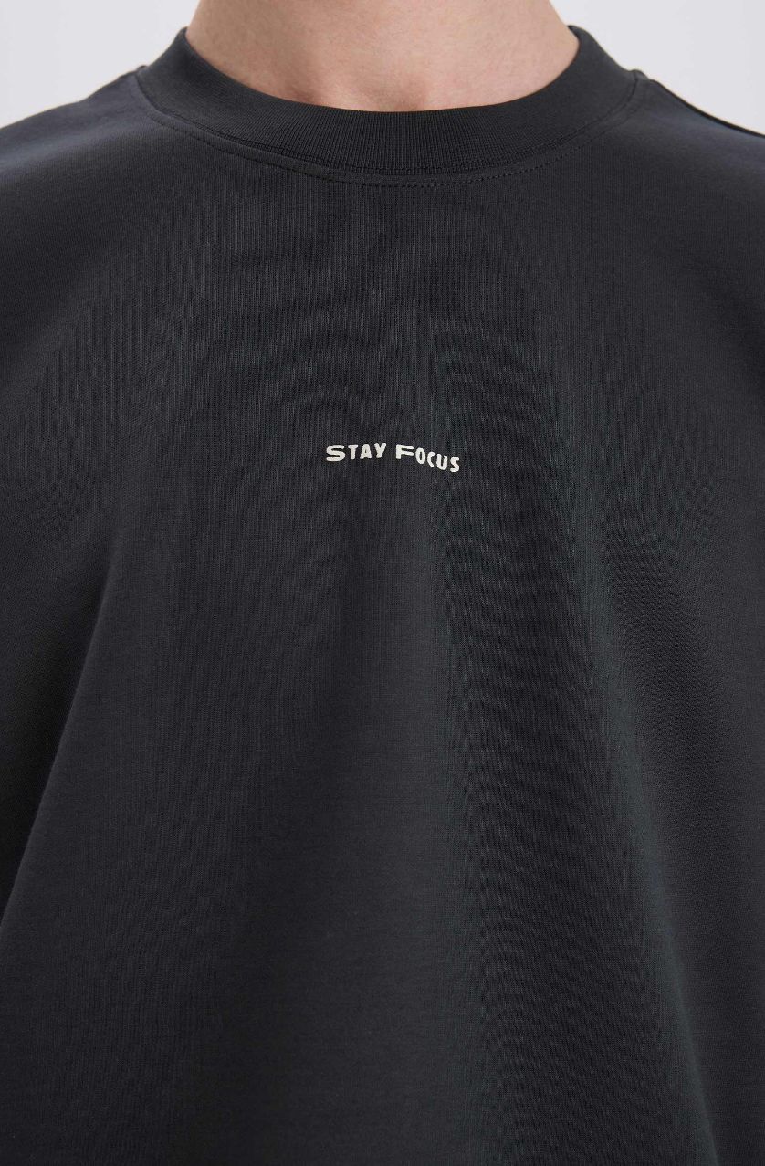 Erkek Antrasit Loose Fit Bisiklet Yaka Baskılı Kısa Kollu Ağır Kumaş Tişört