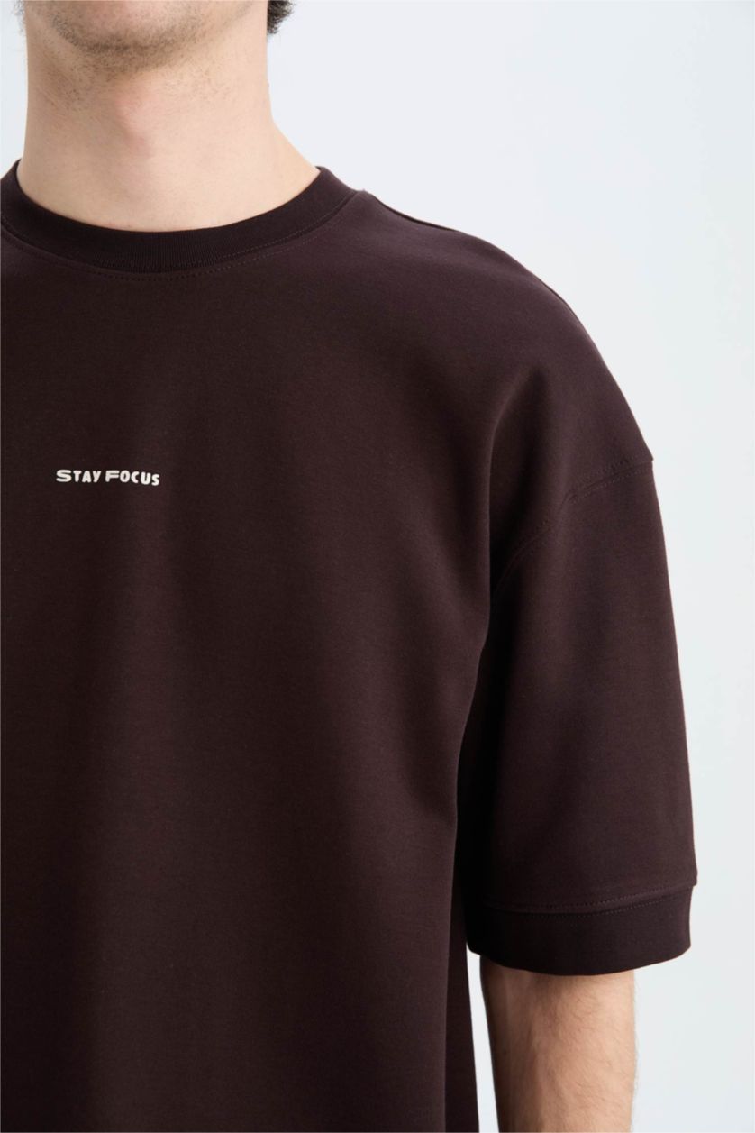 Erkek Kahve Loose Fit Bisiklet Yaka Baskılı Kısa Kollu Ağır Kumaş Tişört