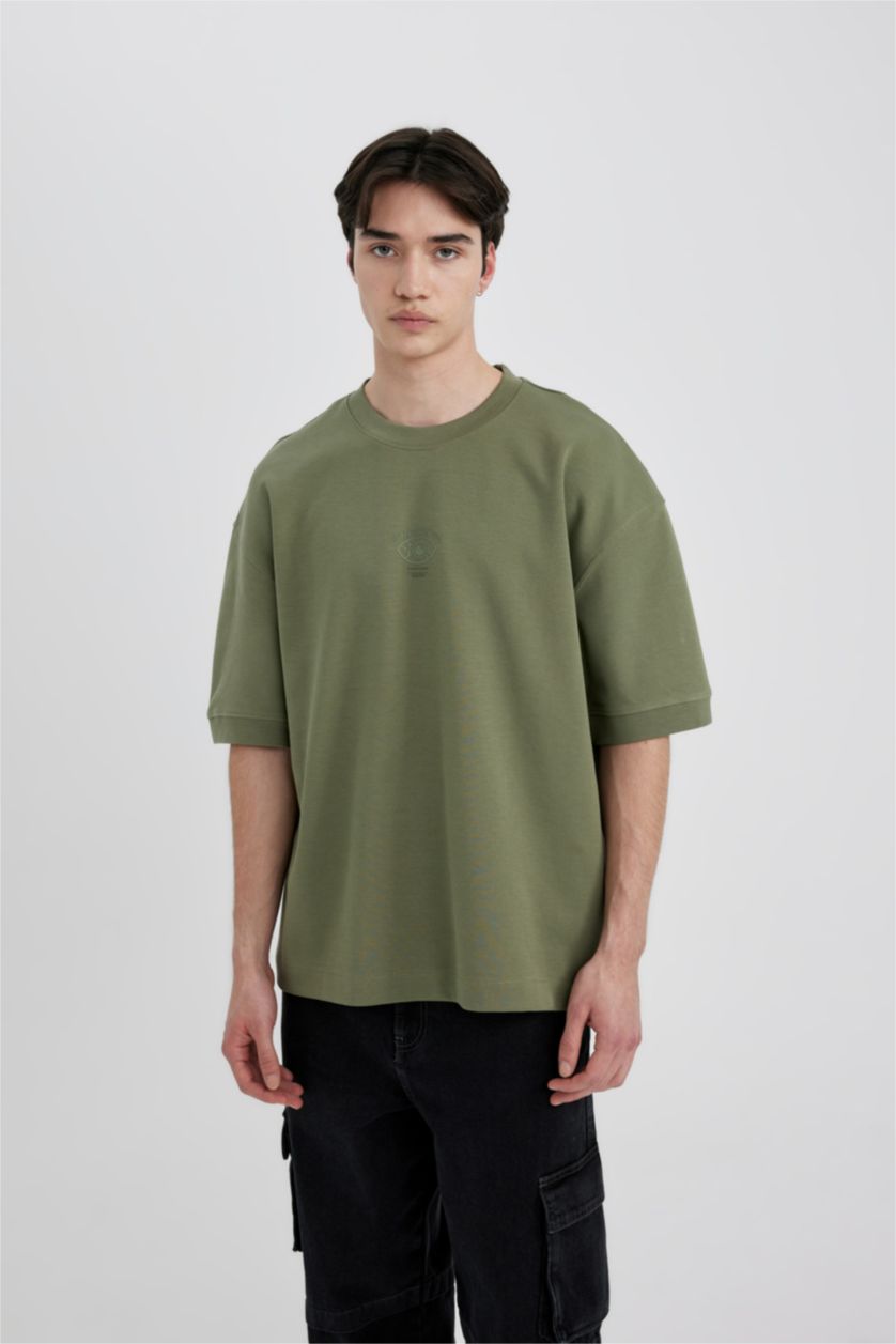 Erkek Haki Loose Fit Bisiklet Yaka Baskılı Kısa Kollu Ağır Kumaş Tişört