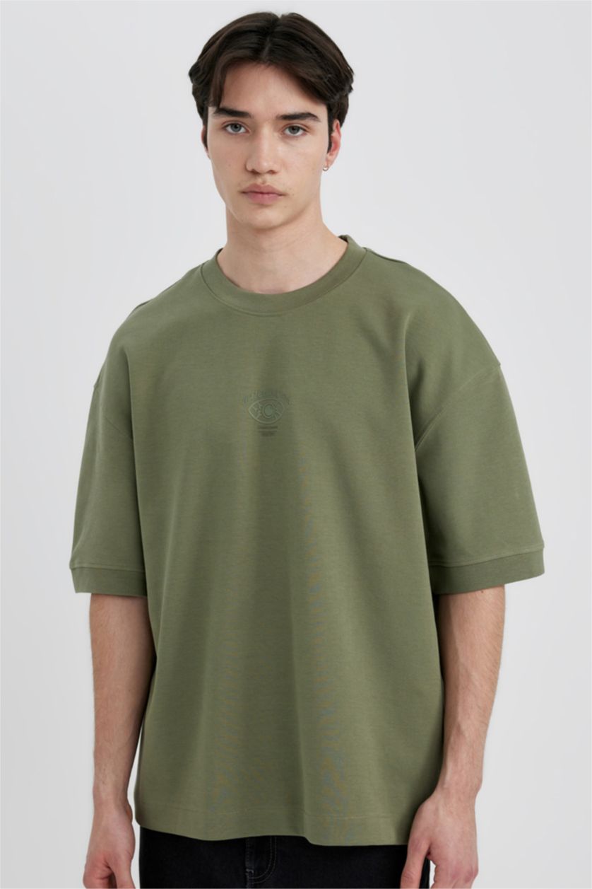 Erkek Haki Loose Fit Bisiklet Yaka Baskılı Kısa Kollu Ağır Kumaş Tişört