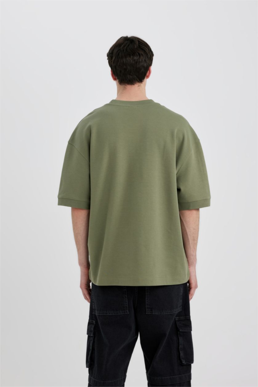 Erkek Haki Loose Fit Bisiklet Yaka Baskılı Kısa Kollu Ağır Kumaş Tişört