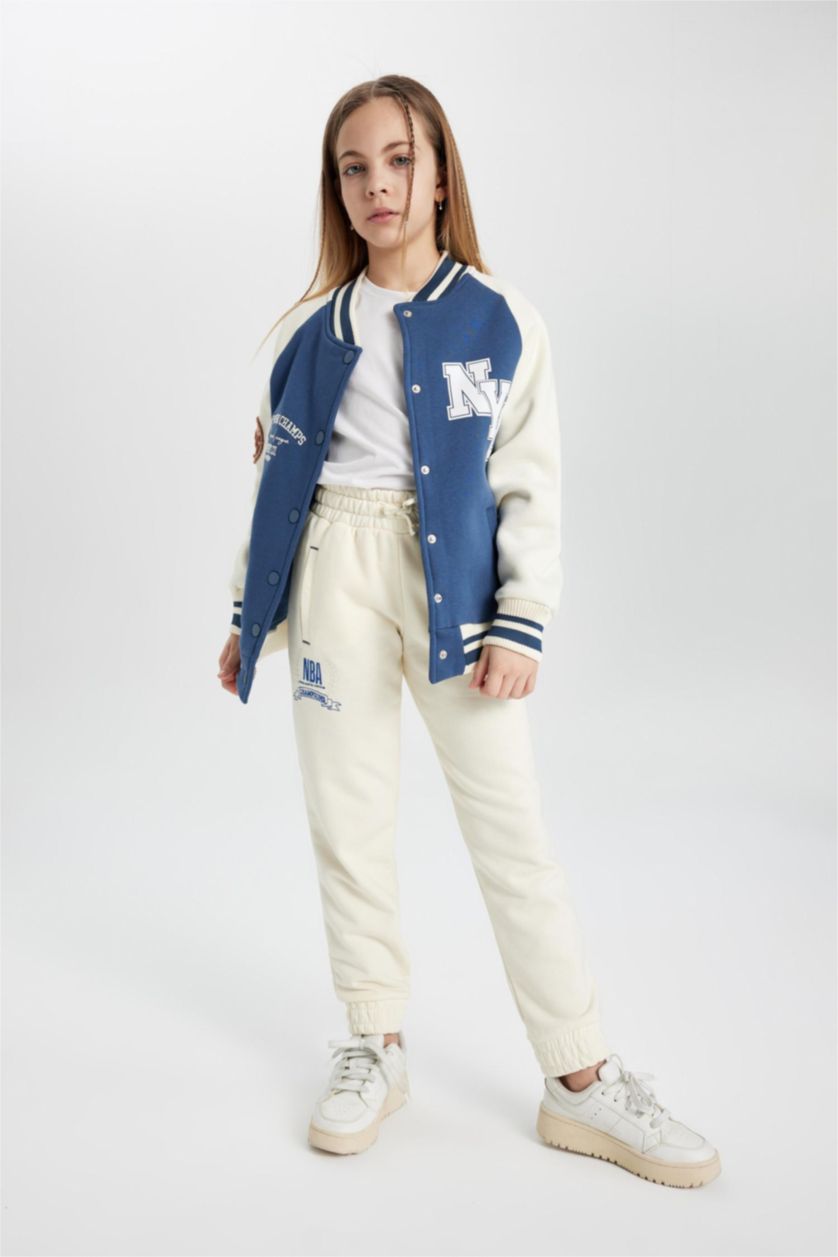 Kız Çocuk - Genç Kız Ekru Kız Çocuk NBA Wordmark Beli ve Paçası Lastikli Cepli Jogger Eşofman Altı