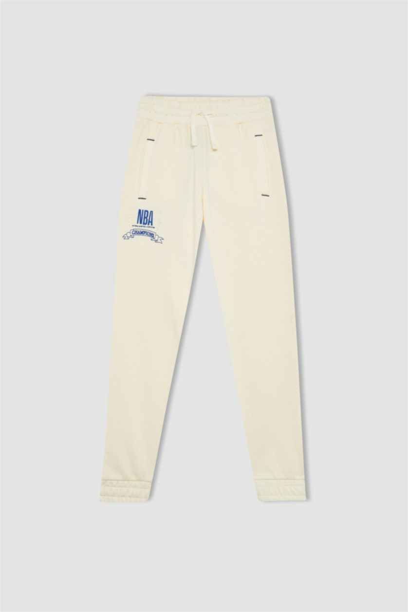 Kız Çocuk - Genç Kız Ekru Kız Çocuk NBA Wordmark Beli ve Paçası Lastikli Cepli Jogger Eşofman Altı