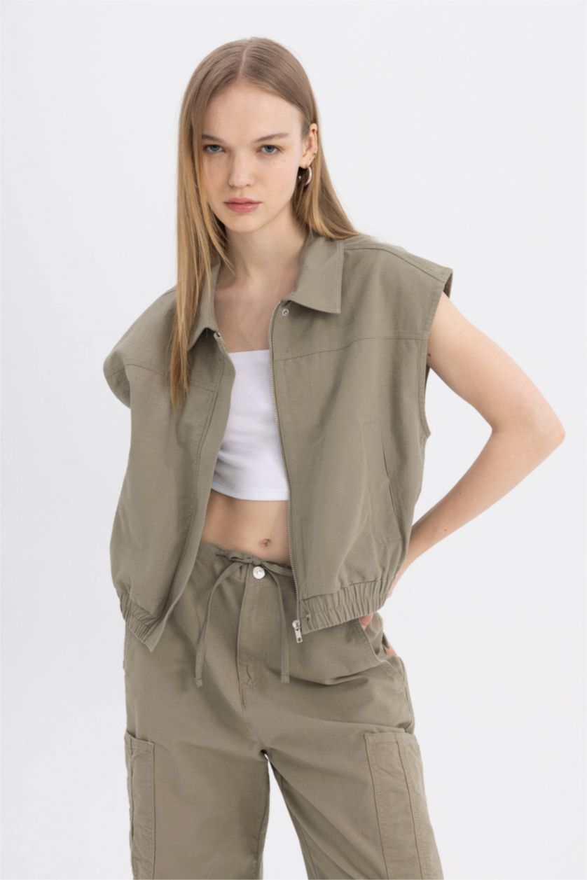 WOMAN Green Regular Fit Gabardine Vest