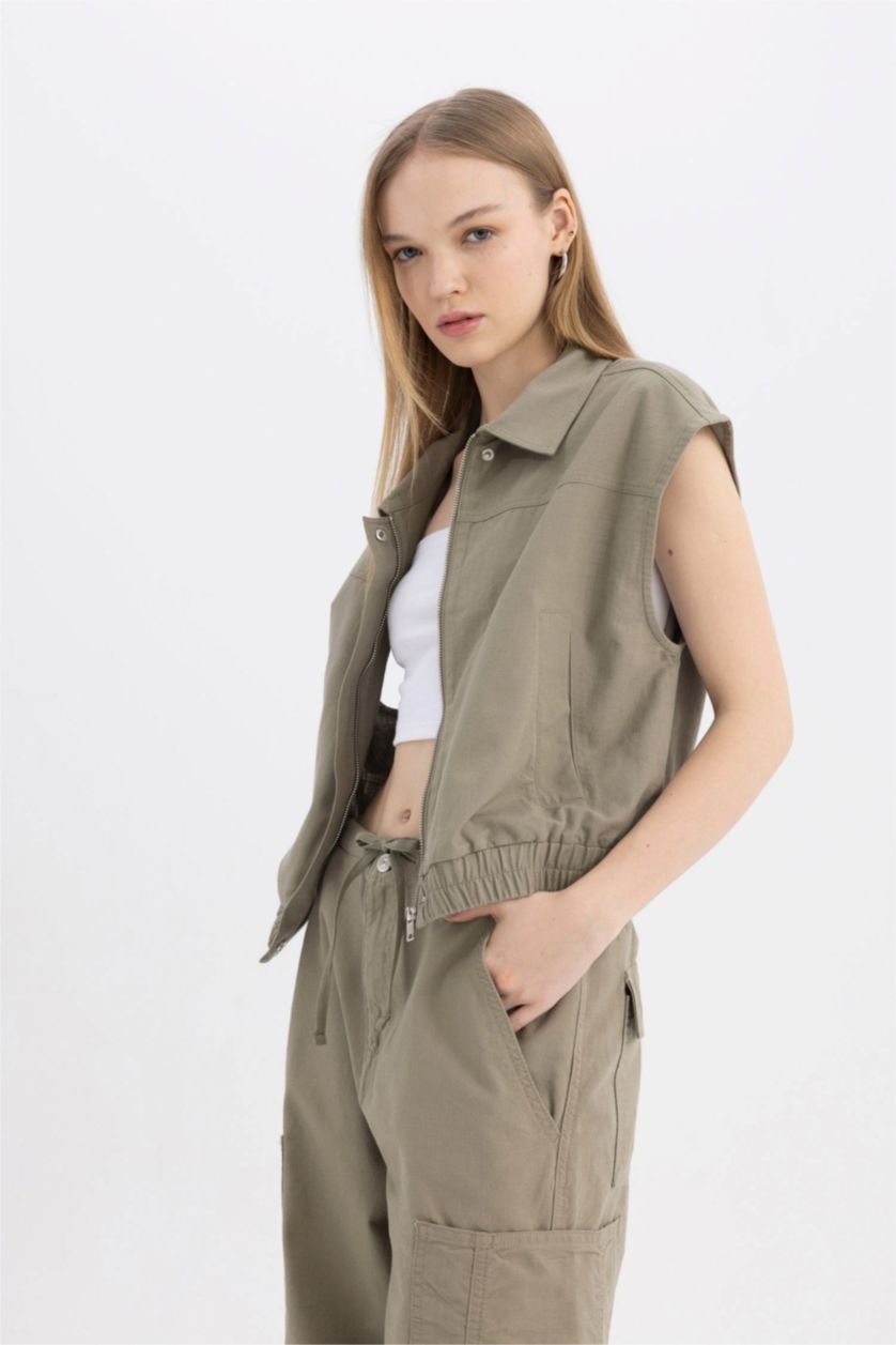 WOMAN Green Regular Fit Gabardine Vest