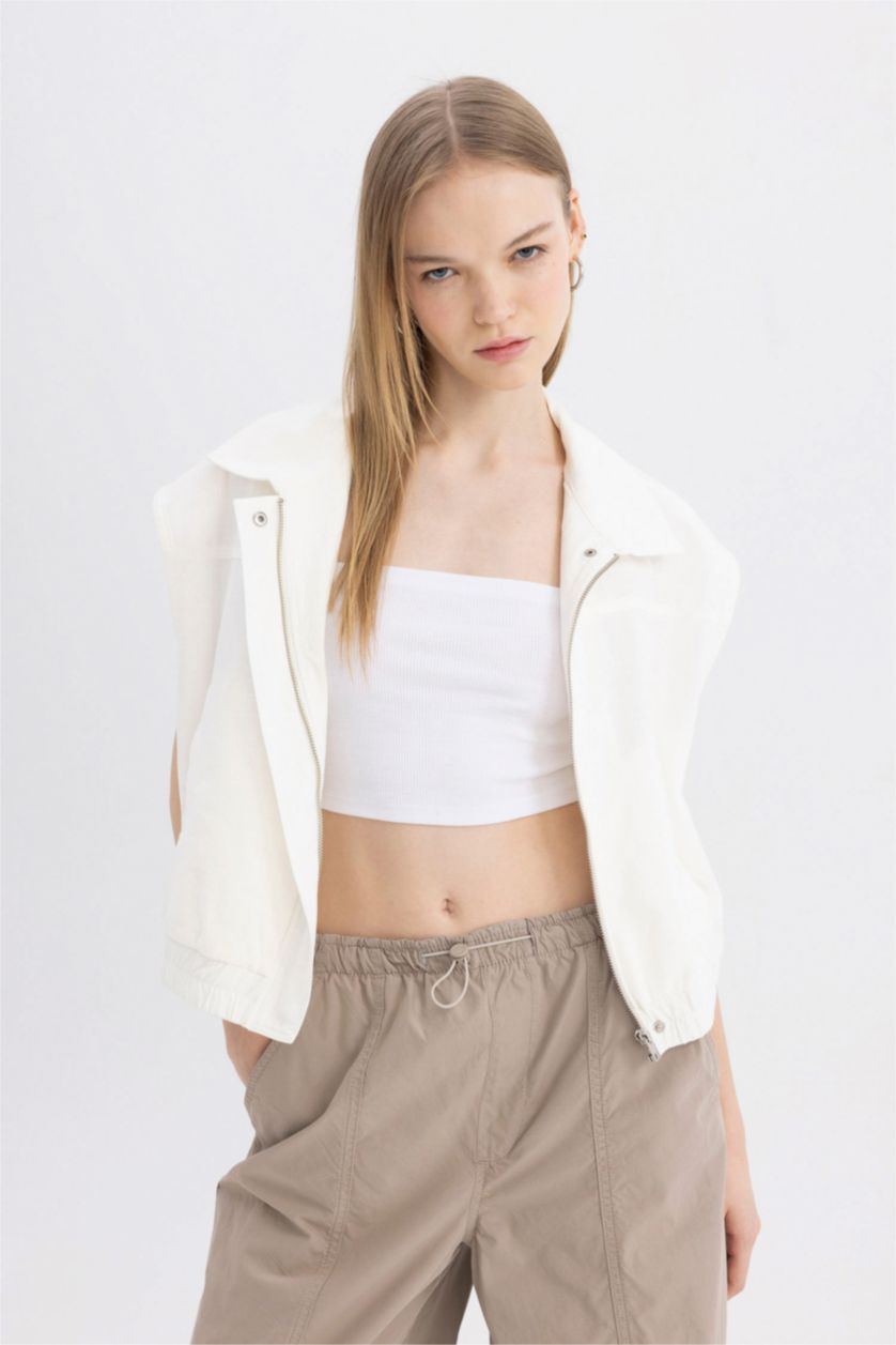 Kadın Kırık Beyaz Coool Regular Fit Fermuarlı Gabardin Yelek