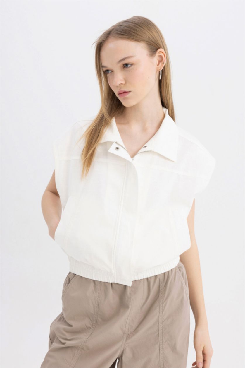 Kadın Kırık Beyaz Coool Regular Fit Fermuarlı Gabardin Yelek