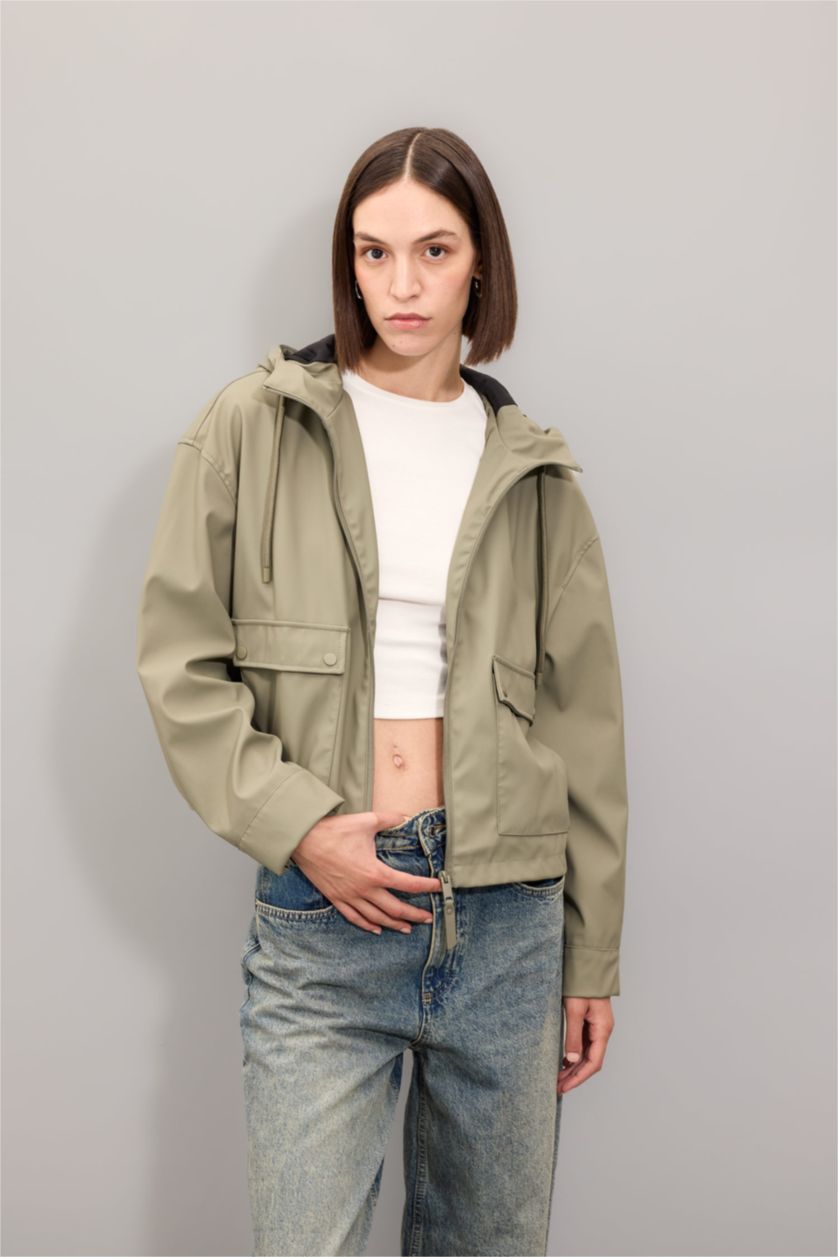 Kadın Haki Fermuarlı Yağmurluk