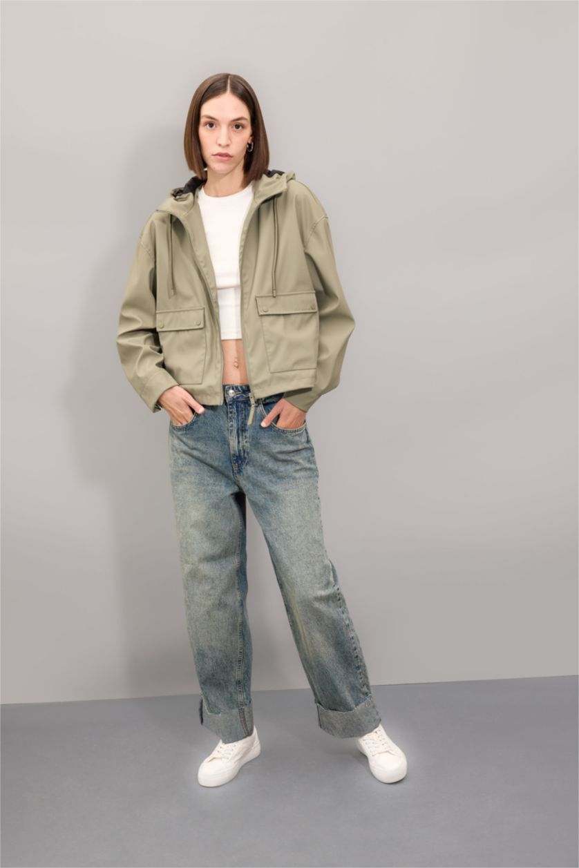 Kadın Haki Fermuarlı Yağmurluk