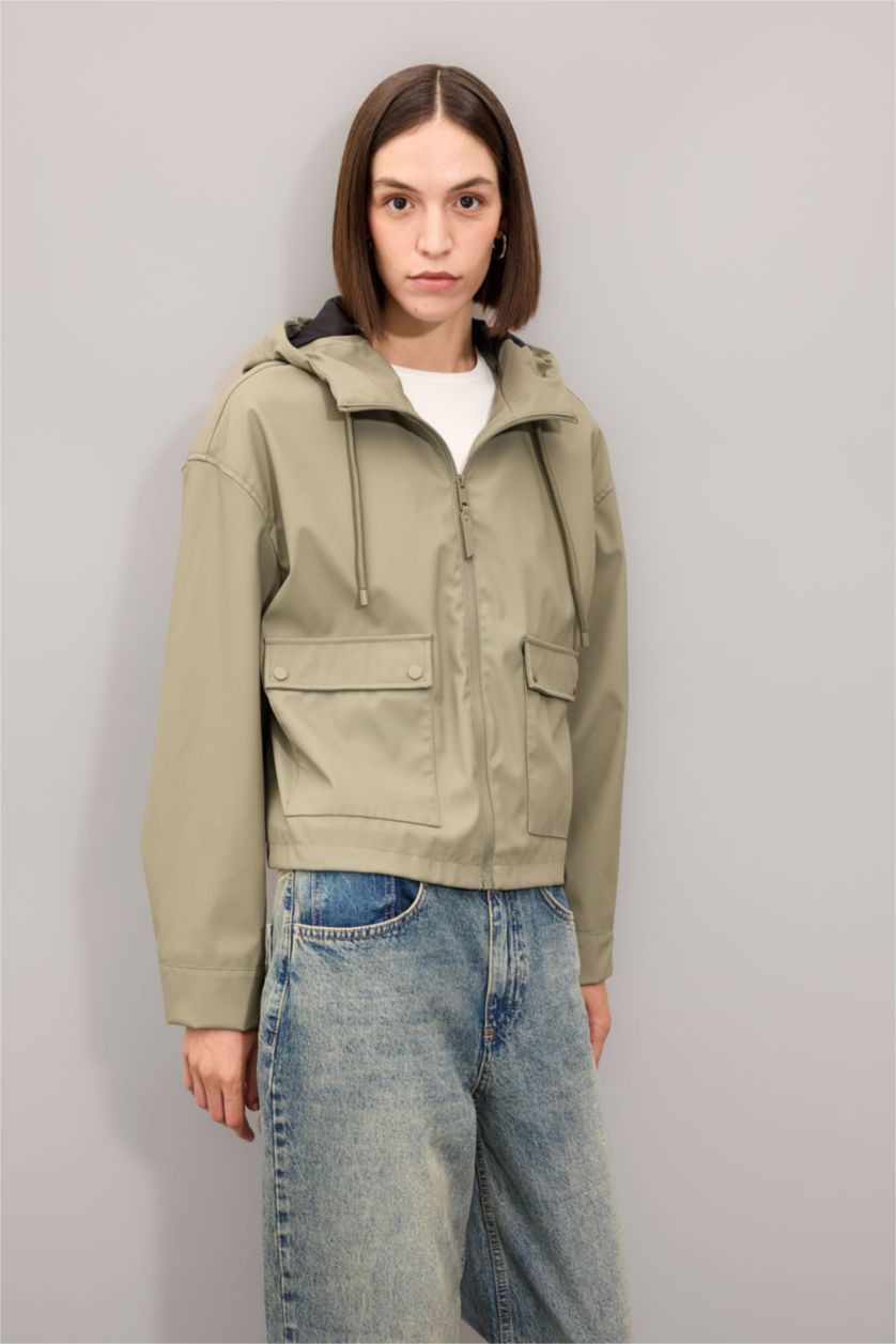 Kadın Haki Fermuarlı Yağmurluk