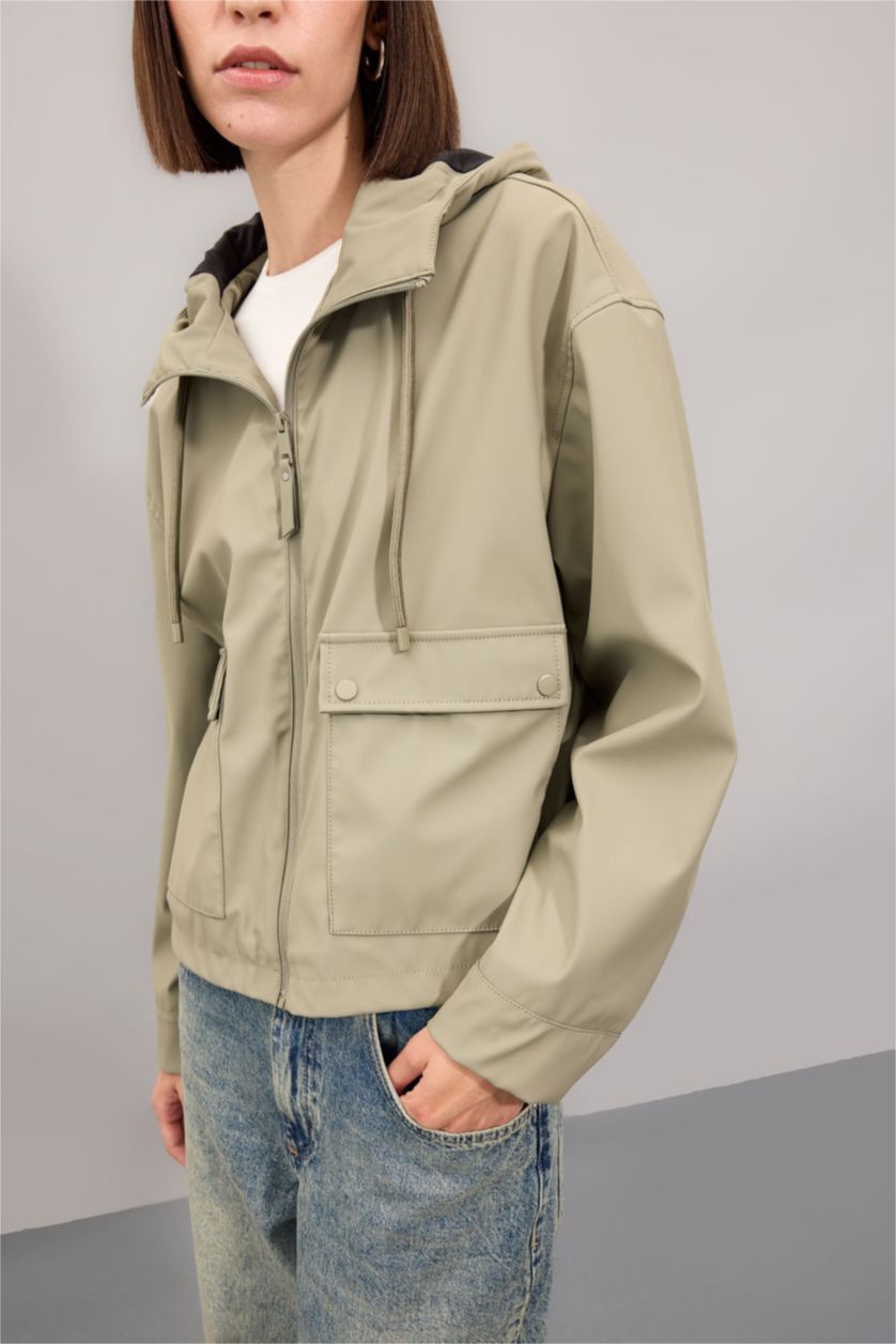 Kadın Haki Fermuarlı Yağmurluk