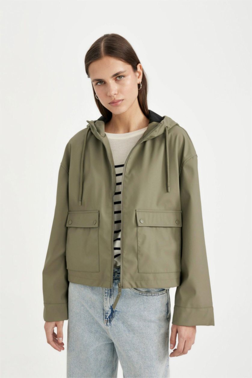 Kadın Haki Fermuarlı Yağmurluk