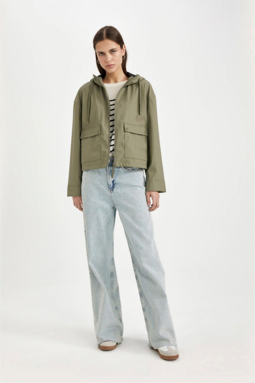 Kadın Haki Fermuarlı Yağmurluk
