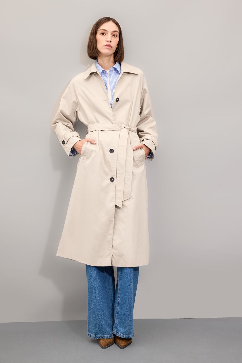 FEMME Beige Manteau Trench long à Coupe Régulière et Col Polo