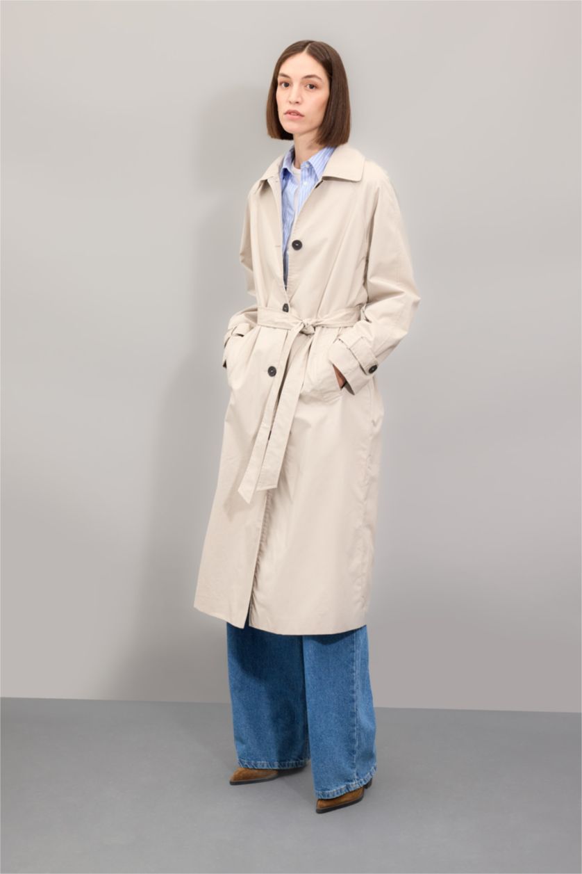 FEMME Beige Manteau Trench long à Coupe Régulière et Col Polo